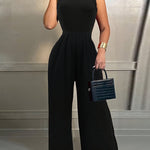 [Casual Elegance] Women's High Neck Sleeveless Jumpsuit, Casual Solid Color Polyester Knit Fabric, All-Season Adult Vest Style Romper
