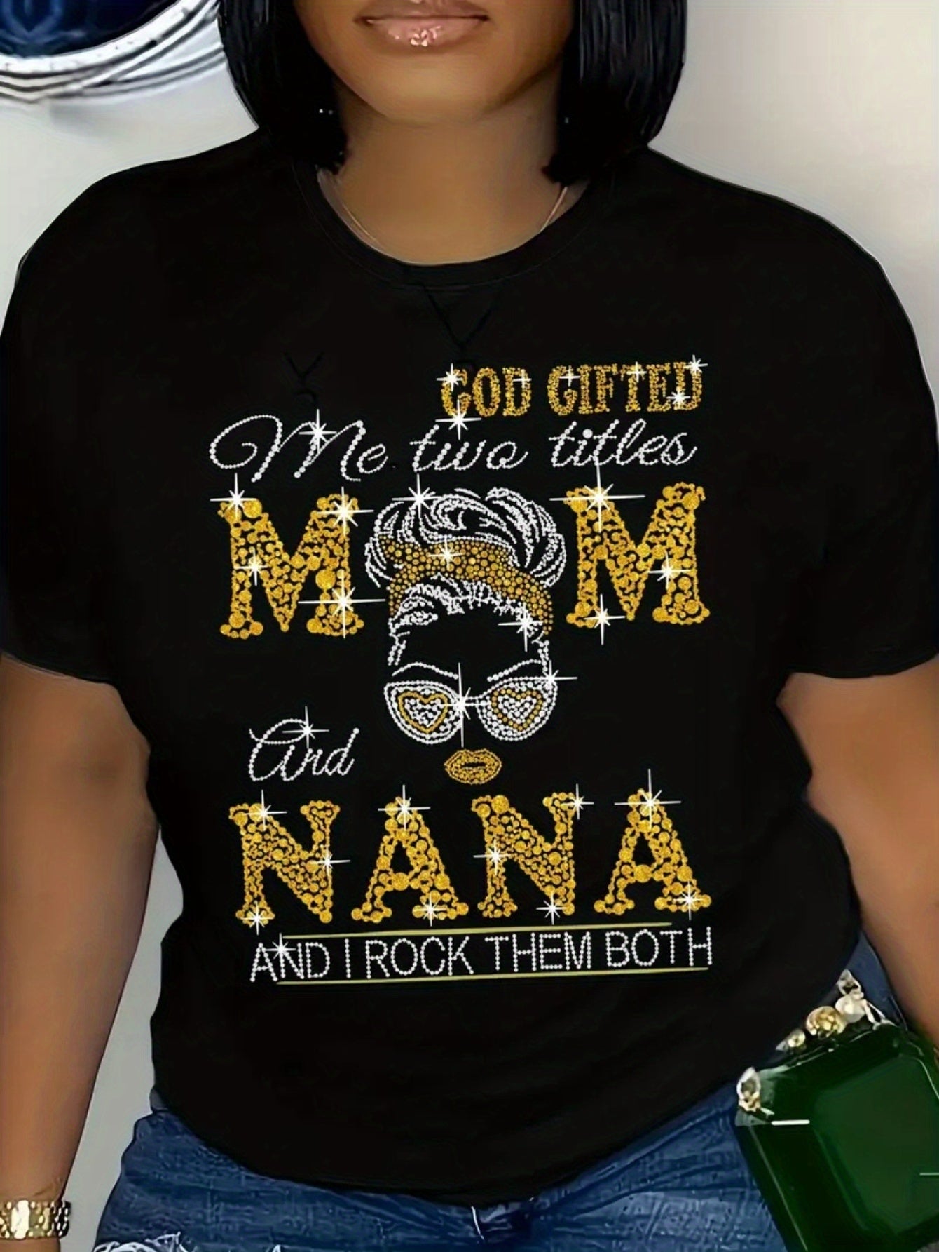 Figure & Mom Print T-shirt, Casual Round Neck Short Sleeve T-shirt Spring/ Summer, Women's
