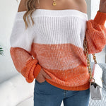 Elegant Off-Shoulder Striped Sweater – Women's Lantern Sleeve Knit Top for Fall & Winter, Soft Acrylic Colorblock Pullover