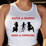 1pc Women'S Casual Western Style Tank Top - 95% Polyester 5% Elastane Knit Fabric, Crew Neck Sleeveless Vest with "Save a Horse Ride a Cowgirl" Graphic for All Seasons