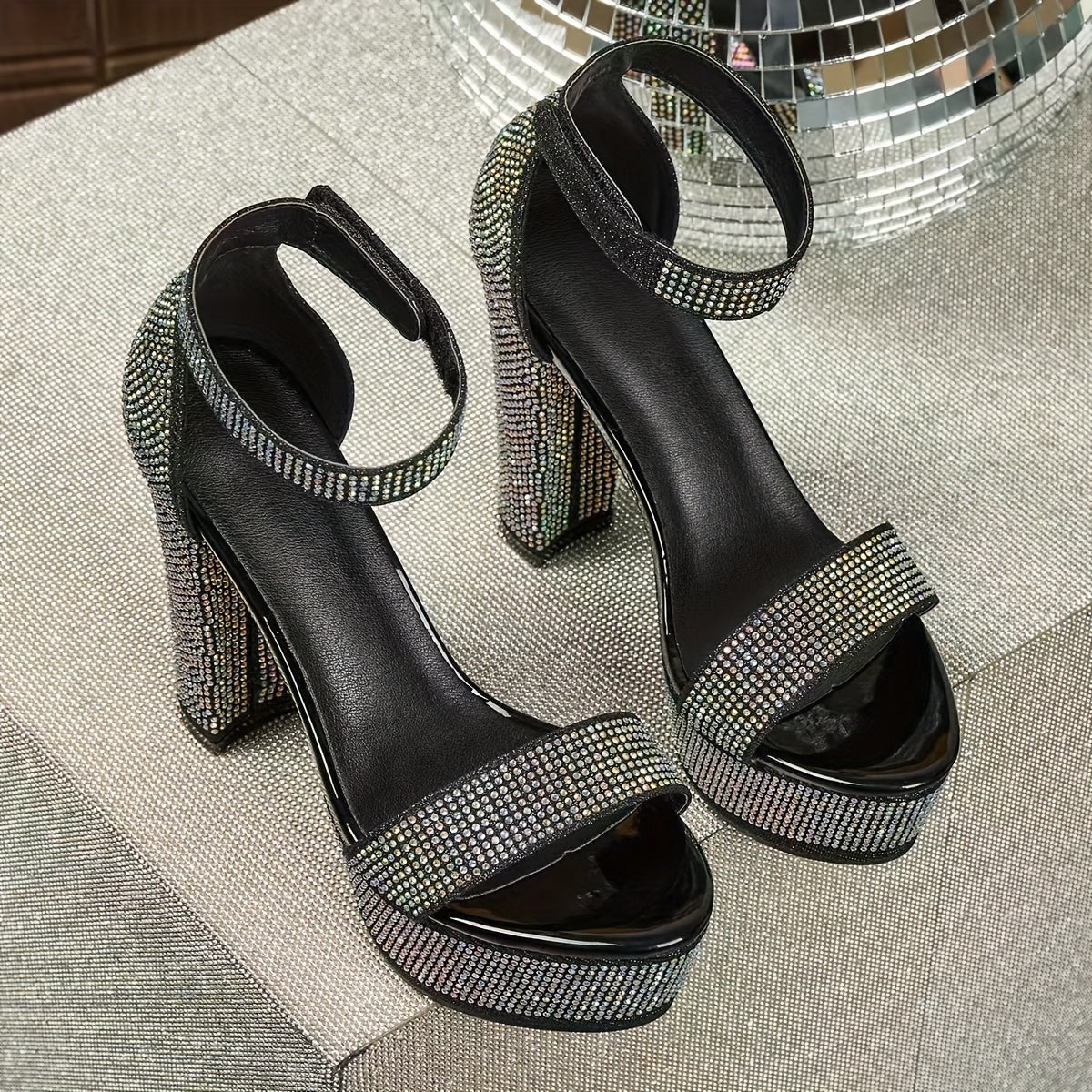 Women's Rhinestone-Embellished Geometric Mary Jane High Heel Sandals - Thick Platform Chunky Heel, Open-Toe Summer Party Shoes with Hook-and-Loop Closure, PU Synthetic Cover & Rubber Sole, Chunky Heel Sandals