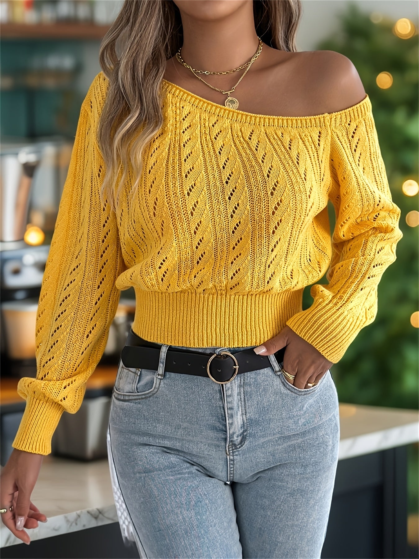 Chic Women's Off-Shoulder Long Sleeve Sweater - Casual Cut-Out Crop Top, Acrylic Knit, Perfect for Fall/Winter, Available in Pink and Black
