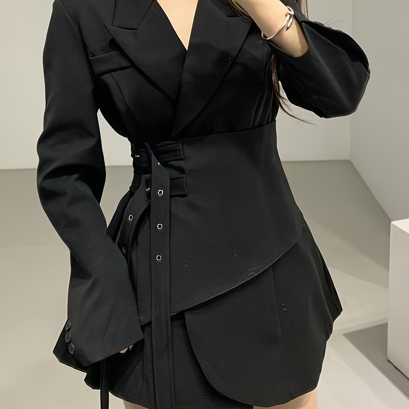 Women'S Elegant Double-Breasted Blazer with Adjustable Double Belt - Chic Notched Lapel, Long Sleeve, Polyester, Perfect for Spring & Fall, Casual Attire|Chic Notched Collar|Polyester Blaze