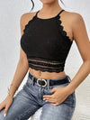 Women's Sexy Chic French-Style Geometric Lace & Textured Fabric Patchwork Cami Top - Black Sleeveless Fitted Crop Top, Medium Stretch, Machine Washable for Spring/Summer Casual & Formal Wear, Casual Chic Top | Frenchinspired