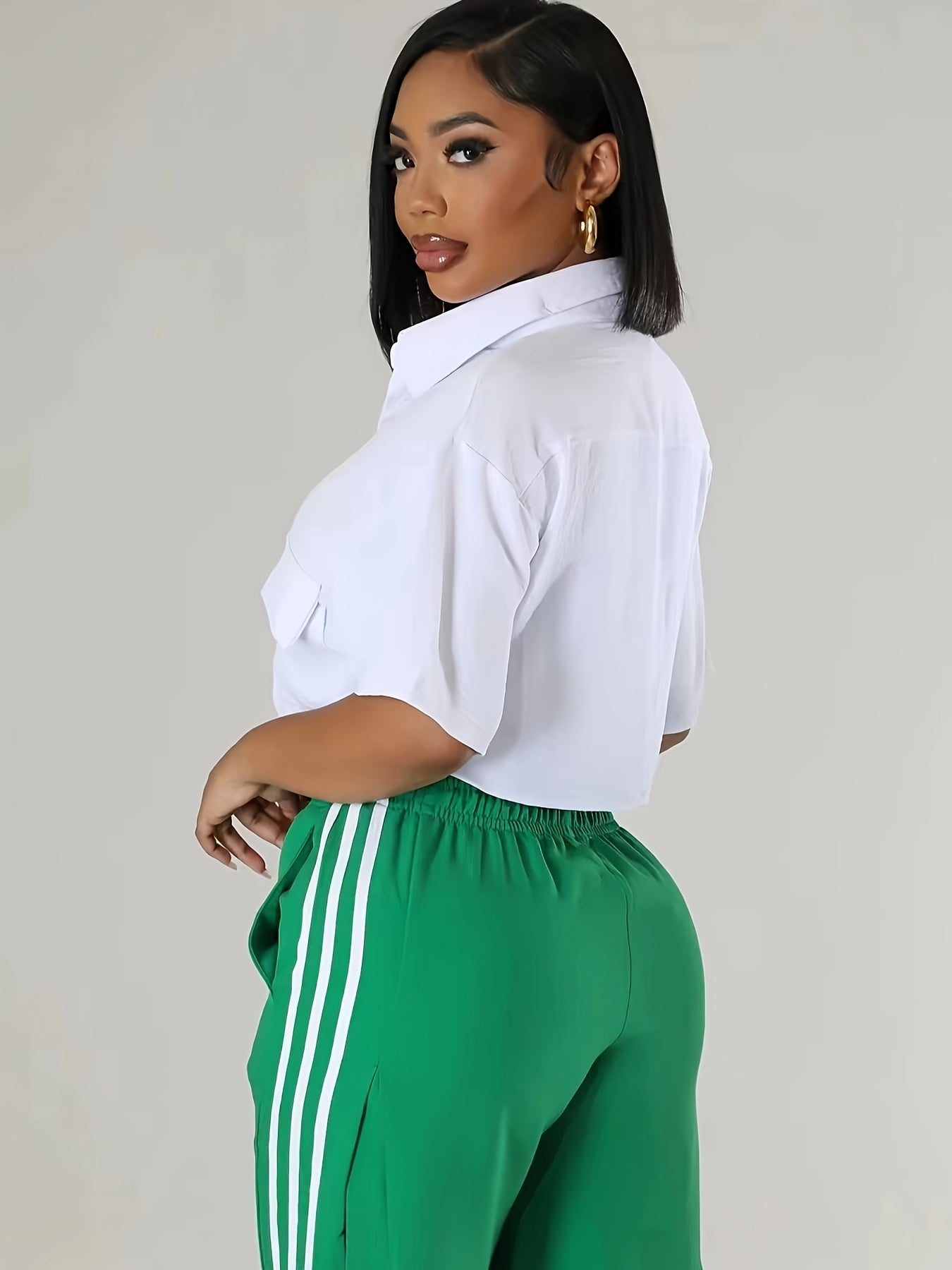 Women'S Sexy Short Crop Shirt, Solid Color Polyester 100%, Summer Short Sleeve with Lapel Collar, Two Pocket Design, Single Breasted Placket, Woven Fabric, 120g/m² - Casual Fashion Top