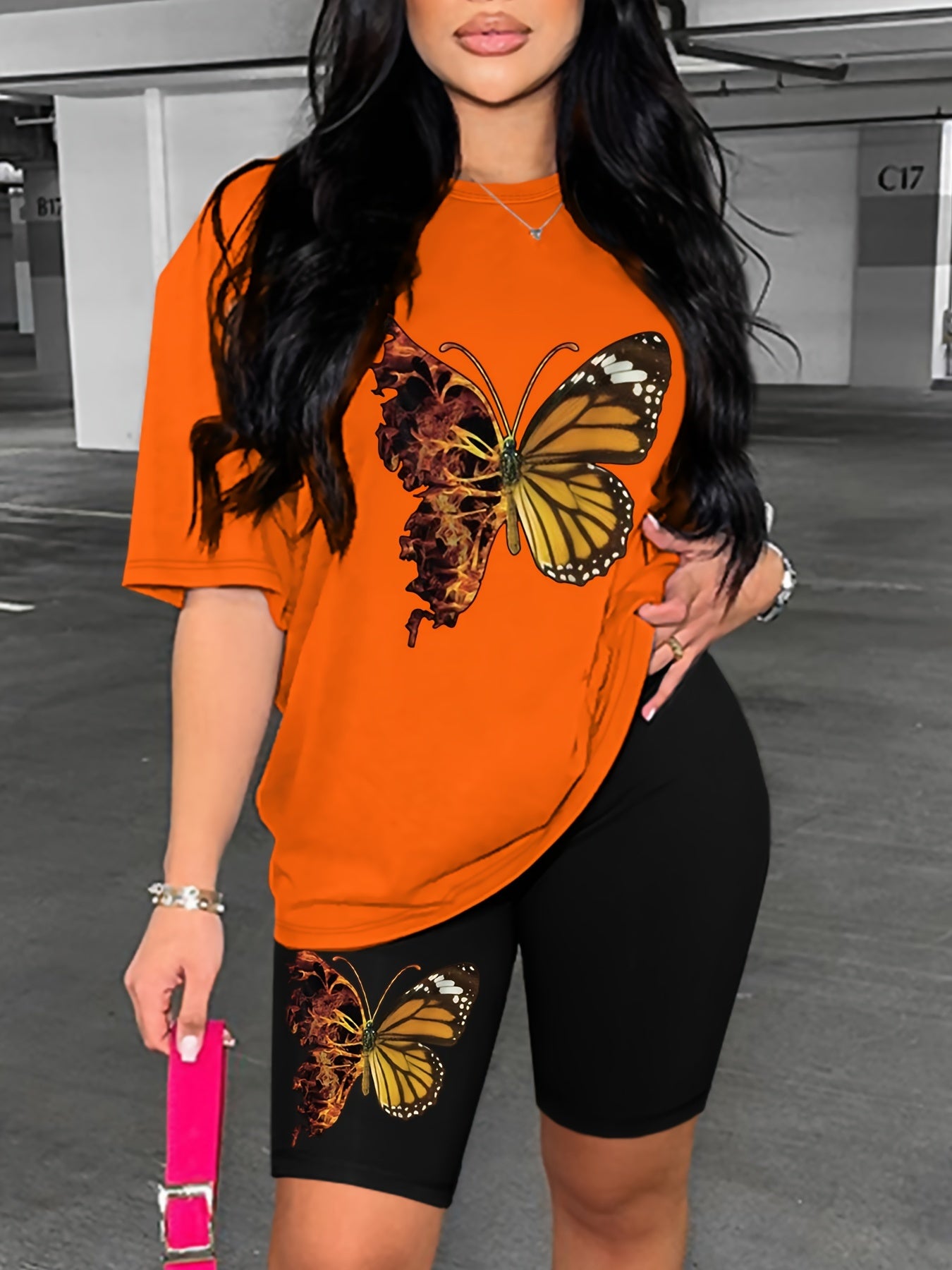 Butterfly Print Matching Two-piece Set, Casual Short Sleeve T-shirt & Skinny Shorts Outfits, Women's Clothing