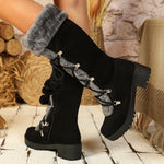 Warm Mid-Calf Winter Snow Boots - Elegant Women's Fur-Lined Knight Boots with Chunky Heel, Pom-Pom Accents & Side Zipper - Cozy Thermal Insulated Riding Boots for Cold Weather