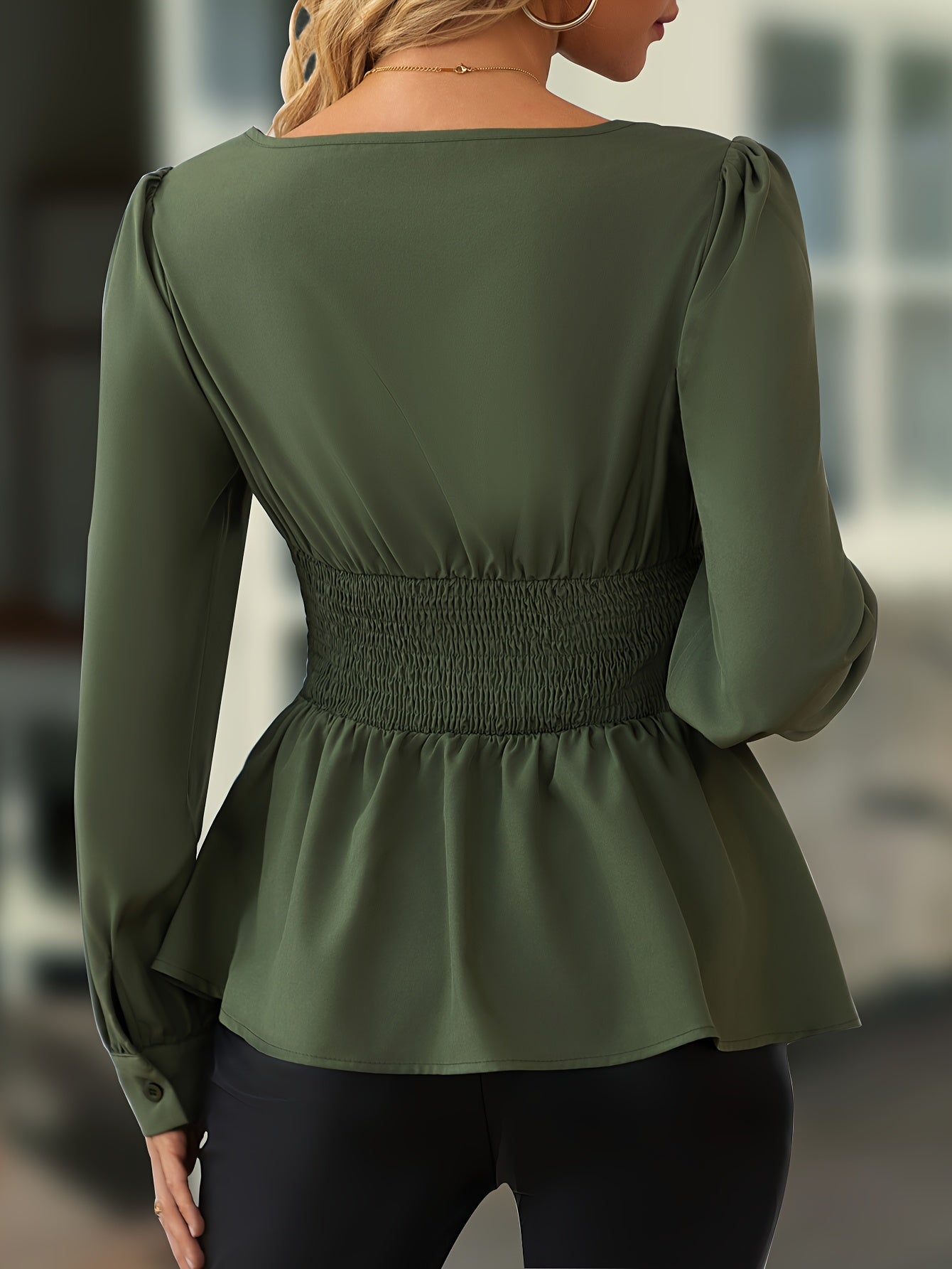 Elegant Asymmetrical Hem Blouse for Women, Solid Color Long Sleeve Polyester Shirt with Conventional Collar and Puff Sleeves, Woven Spring/Fall Top, Autumn Fashion|Asymmetrical Hemline|Quality Weave