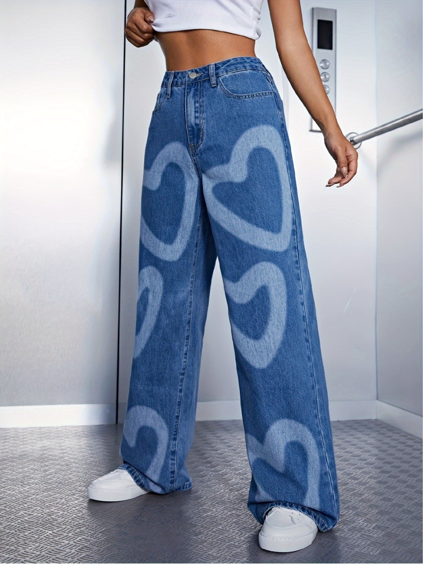 Women's High-Waisted Wide Leg Denim Jeans with Heart Print - Light Blue Casual Loose Fit Pants, Cotton, Long Length, Perfect for Casual Attire