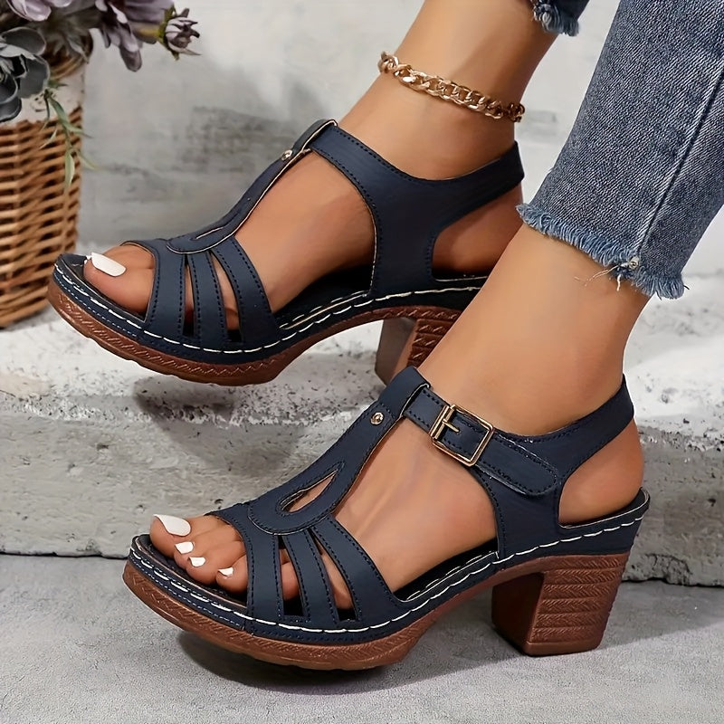 Elegant Women'S Open-Toe Sandals | Hook-and-loop Closure | High Heel | Non-Slip Rubber Sole | Comfortable Synthetic Cover | Versatile Summer Roman Style Shoes with Chunky Heel | Neutral Beige, Brown & White Palette, Chunky He
