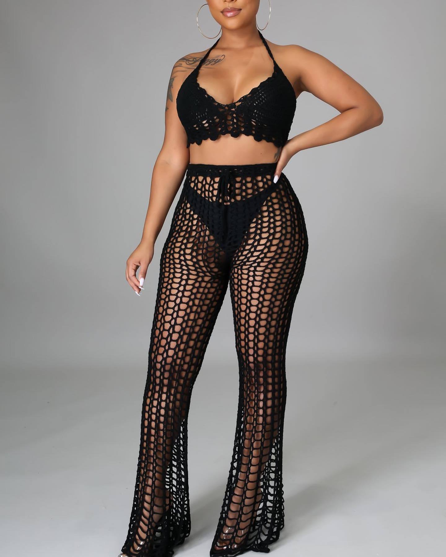 Summer Beach 2 Piece For Women Elegant Hollow Out Suit