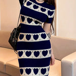 Heart Pattern Knitted Short Sleeve Dress - Casual Crew Neck Color Block Sweater Dress For Spring & Summer - Women's Clothing - For Women - Perfect for Casual Outings, Work, or Dates - Great Gift for Fashionable Women
