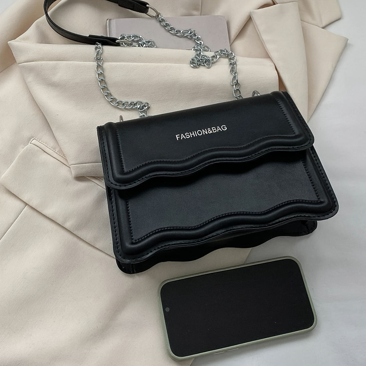 Elegant Mini Messenger Bag for Women: Magnetic Closure, Scallop Design, Chain Strap, Faux Leather Lining, Solid Color