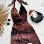 Women'S Fashionable Ombre V-Neck Dress - Asymmetrical Sleeveless Maxi Dress with Ribbon Detail, Perfect for Spring/Summer Vacation, Vacation Attire|Asymmetrical Hemline|Ribbon Accent, Beach Dress