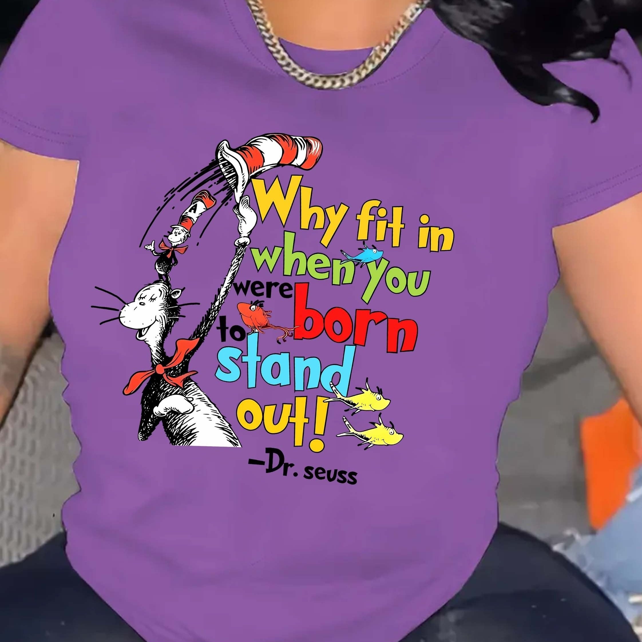 Women's Red Cartoon Graphic T-Shirt - "Why Fit In When You Were Born to Stand Out!" Dr. Seuss Quote, Casual Short Sleeve Crew Neck Top, Perfect for Spring & Summer