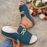 Women'S Chunky Sole Platform Sandals - White Slip-On with Golden Buckle, Flat Heel, Open Toe Design, PU Sole, Synthetic Insole & Upper, Casual Footwear|Chunky Sole Sandals|Durable Footwear