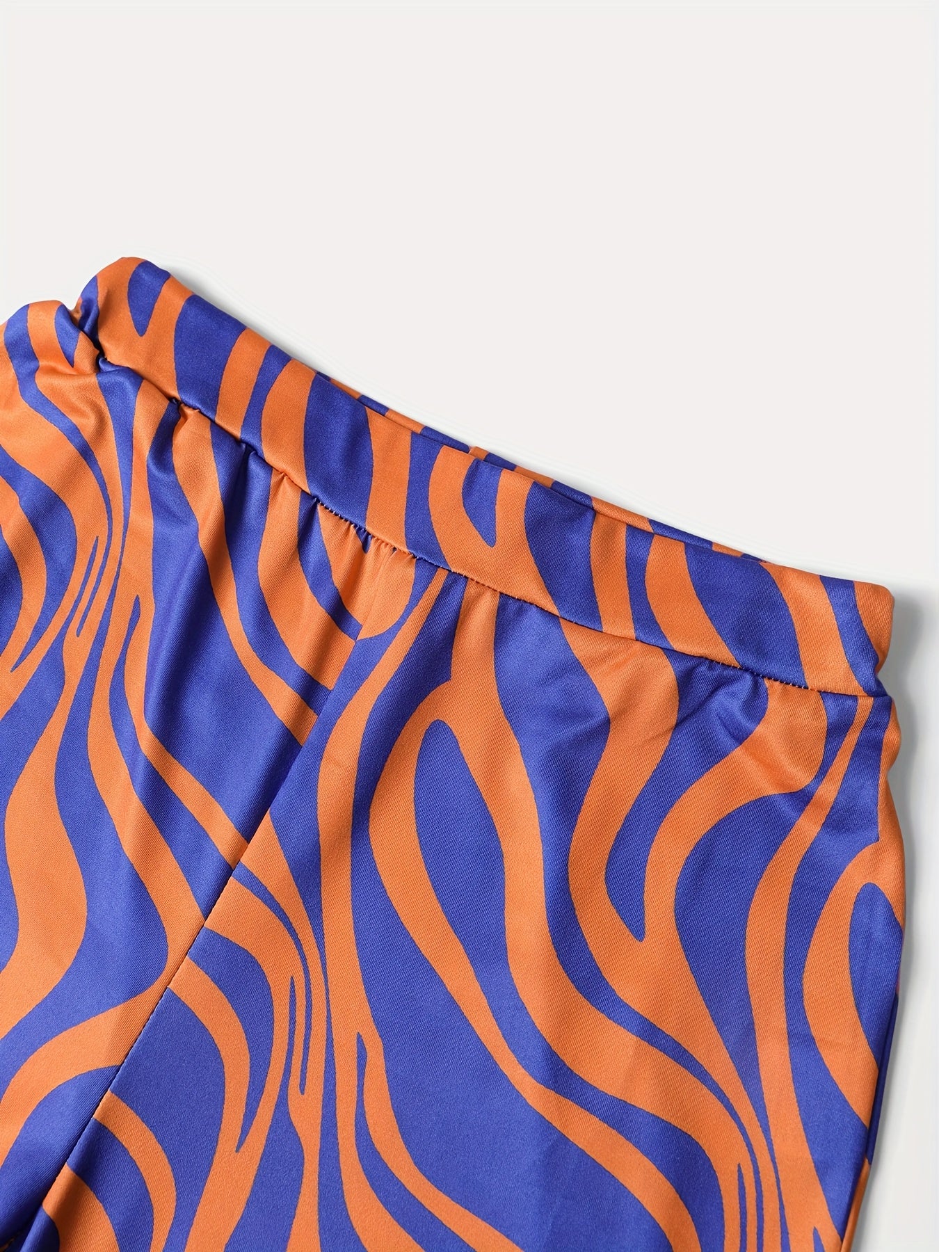 Women'S High-Waisted Flared Pants with Vibrant Orange and Blue Wavy Print, Stretchy Polyester Fabric, Perfect for Spring/Summer/Fall, Casual to Semi-Formal Attire