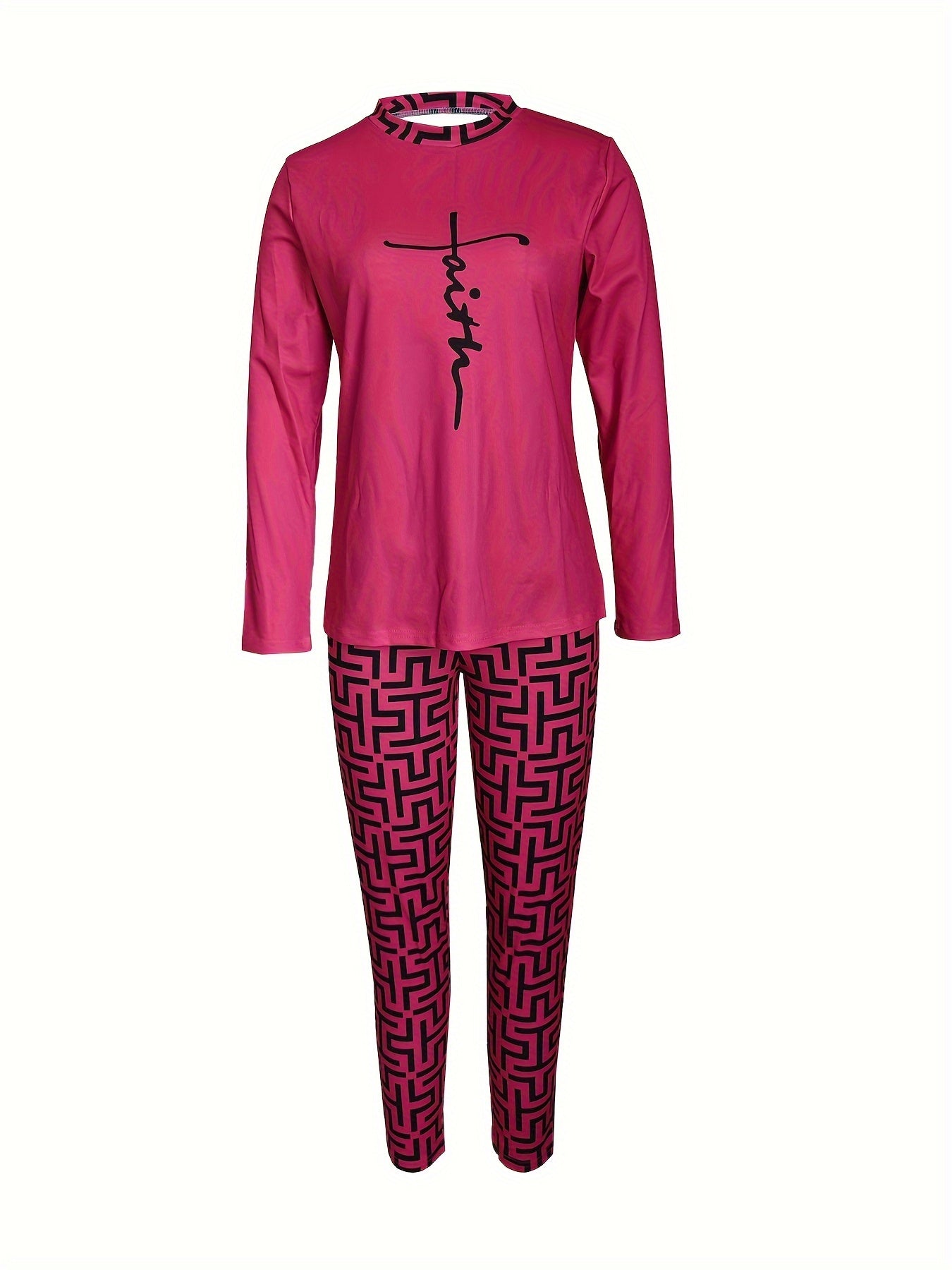 Chic Geo Print Women's Outfit - Casual Long Sleeve Top & Pants Set, Stretchy Polyester Blend, Machine Washable - For Women - Perfect for Everyday Wear  - Great Gift for Fashionable Ladies