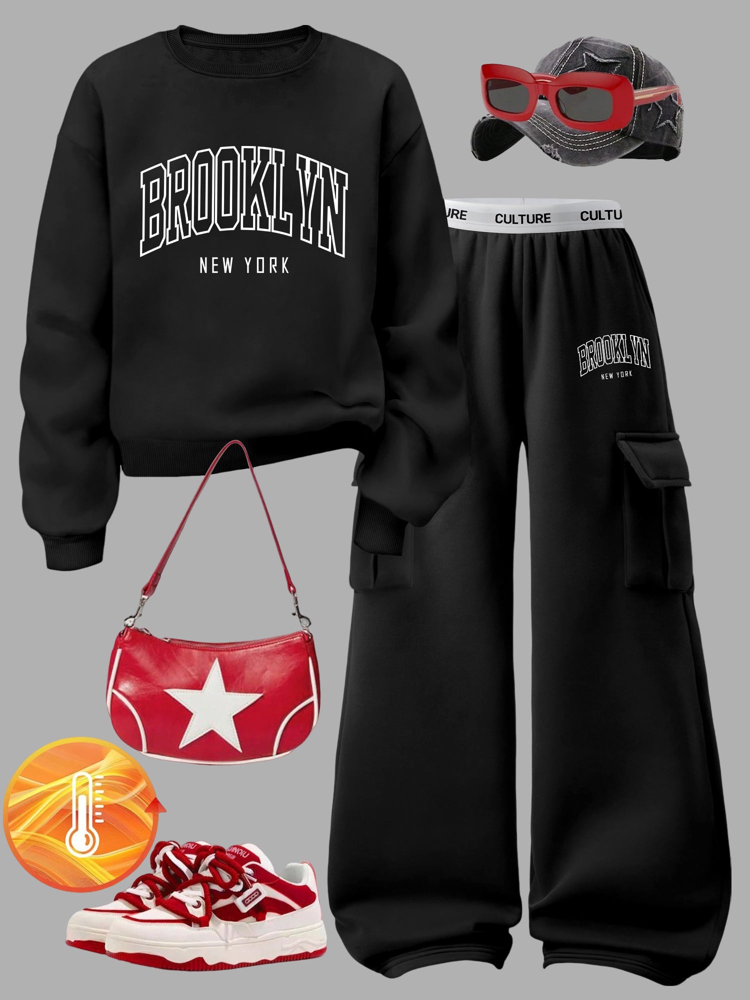Women's Brooklyn New York Letter Print Sweatshirt Set - Casual Gray Long Sleeve Crewneck & Black Cargo Pants with Pockets, Polyester Blend, Perfect for Fall/Winter