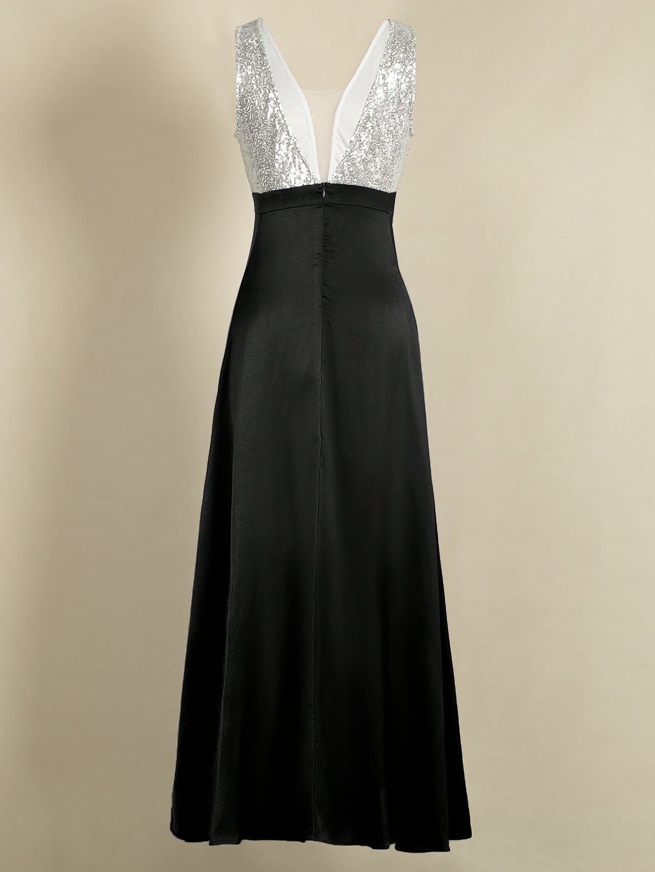 Women's Elegant Sleeveless Deep V-Neck Sequin & Satin Evening Gown - A-Line Mermaid Formal Dress with Super Long Train for Weddings, Galas & Special Occasions, Wedding Guest Attire | Sequined Bodice
