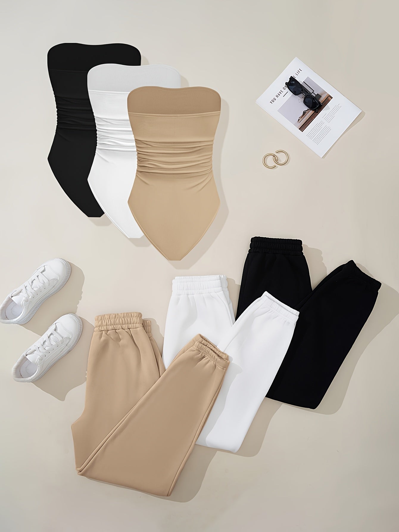 6pcs Chic Tube Bodysuit Set for Women - Casual, Stretchy Polyester, Machine Washable - Solid Color, All Seasons