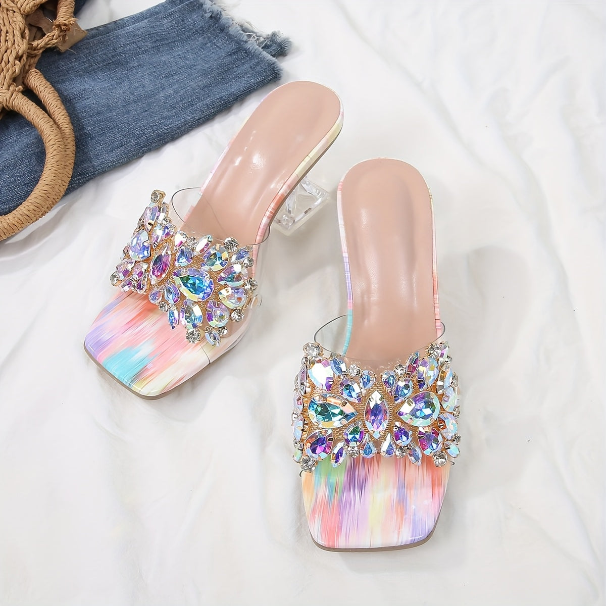 Women's Rhinestone Embellished Pyramid Heel Sandals - Stylish Pink Transparent Strap with Sparkling Floral Design, Perfect for Weddings & Formal Events