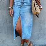 Women's High-Waisted Slim Fit Denim Maxi Skirt with Side Slit - American Classic Elegant Casual to Dressy Versatile Style, Machine Washable for Spring Summer Fall, High Waisted Skirt