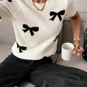 Nian Nian Directional Style Round Neck Color-Blocked Short-Sleeve Pullover with Bow Tie And Jacquard Design.