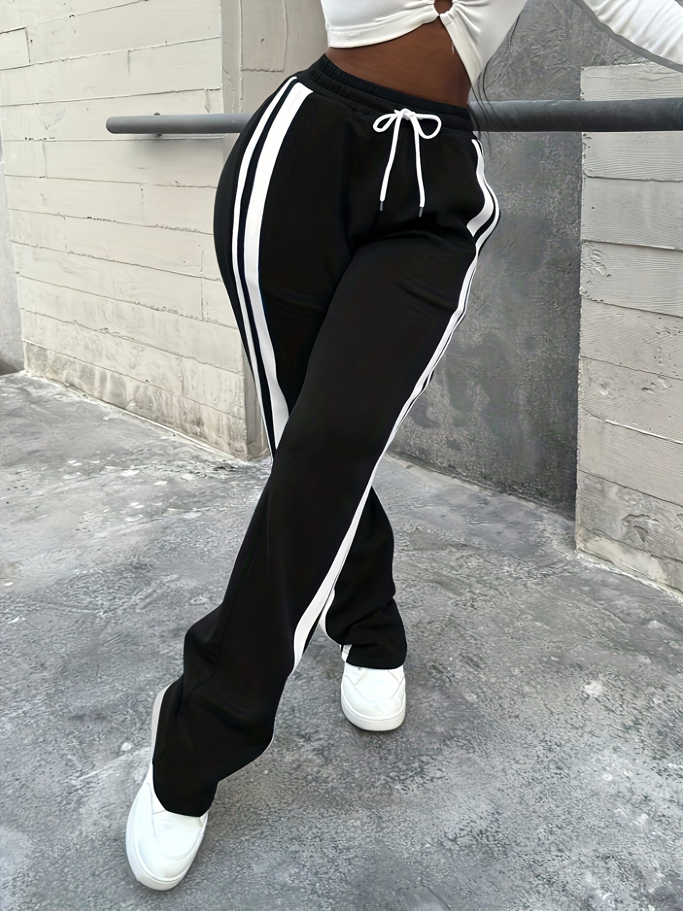 Women's Stylish Straight-Leg Casual Pants - High-Waisted with Drawstring, Side Stripe, Machine Washable, Polyester Blend, All-Season Comfort, Black & White Design, Cute Pants