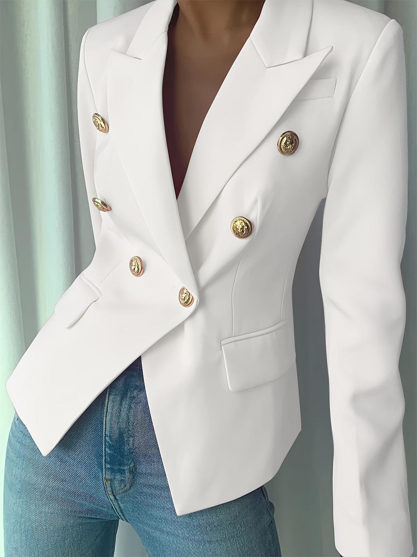 Women's Elegant Pink Double-Breasted Blazer - Polyester, Long Sleeve, Lapel Collar with Golden Buttons, Stylish Work Office Jacket