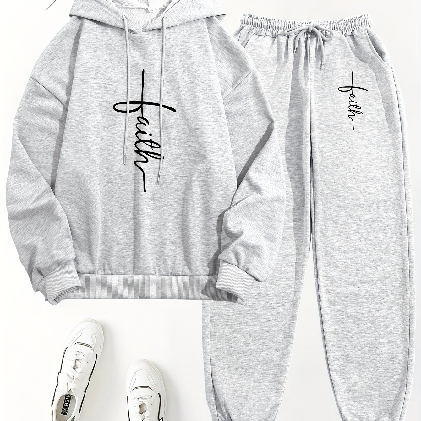 Women's 2pcs Casual Set - "Faith" Printed Hoodie & Jogger Pants, Long Sleeve, Polyester, Machine Washable, with Pockets - Perfect for Spring/Fall