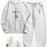 Women's 2pcs Casual Set - "Faith" Printed Hoodie & Jogger Pants, Long Sleeve, Polyester, Machine Washable, with Pockets - Perfect for Spring/Fall
