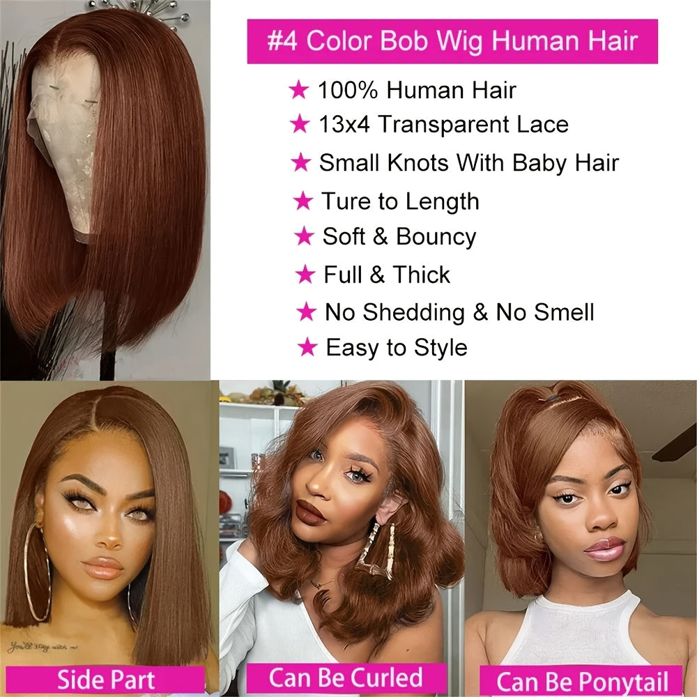 Silky Straight 13x5 Brown Bob Wigs Lace Front Human Hair Short Bob Pre Plucked Bleached Knots Lace Frontal Bob #4 Colored Wig