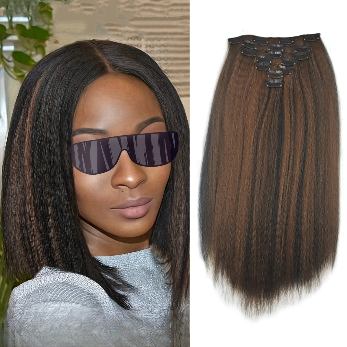 Kinky Straight Clip In Wig Extensions Full Head Yaki Straight Clips In For Women Synthetic Wig 7Pcs Wig Accessories