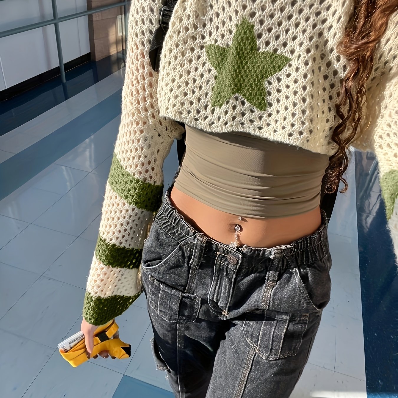 Chic Color Block Striped Crop Sweater - Casual Round Neck, Long Sleeve, Semi-Sheer Knit Top for Women, Polyester, Perfect for All Seasons, Knit Sweater