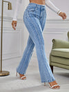 Stylish High Rise Flare Leg Jeans - Soft Striped Rwa Trim, Washed Blue, Stretchy Fabric, Comfortable Fit, Classic Denim Style - Women's Fashionable Clothing for Everyday Wear