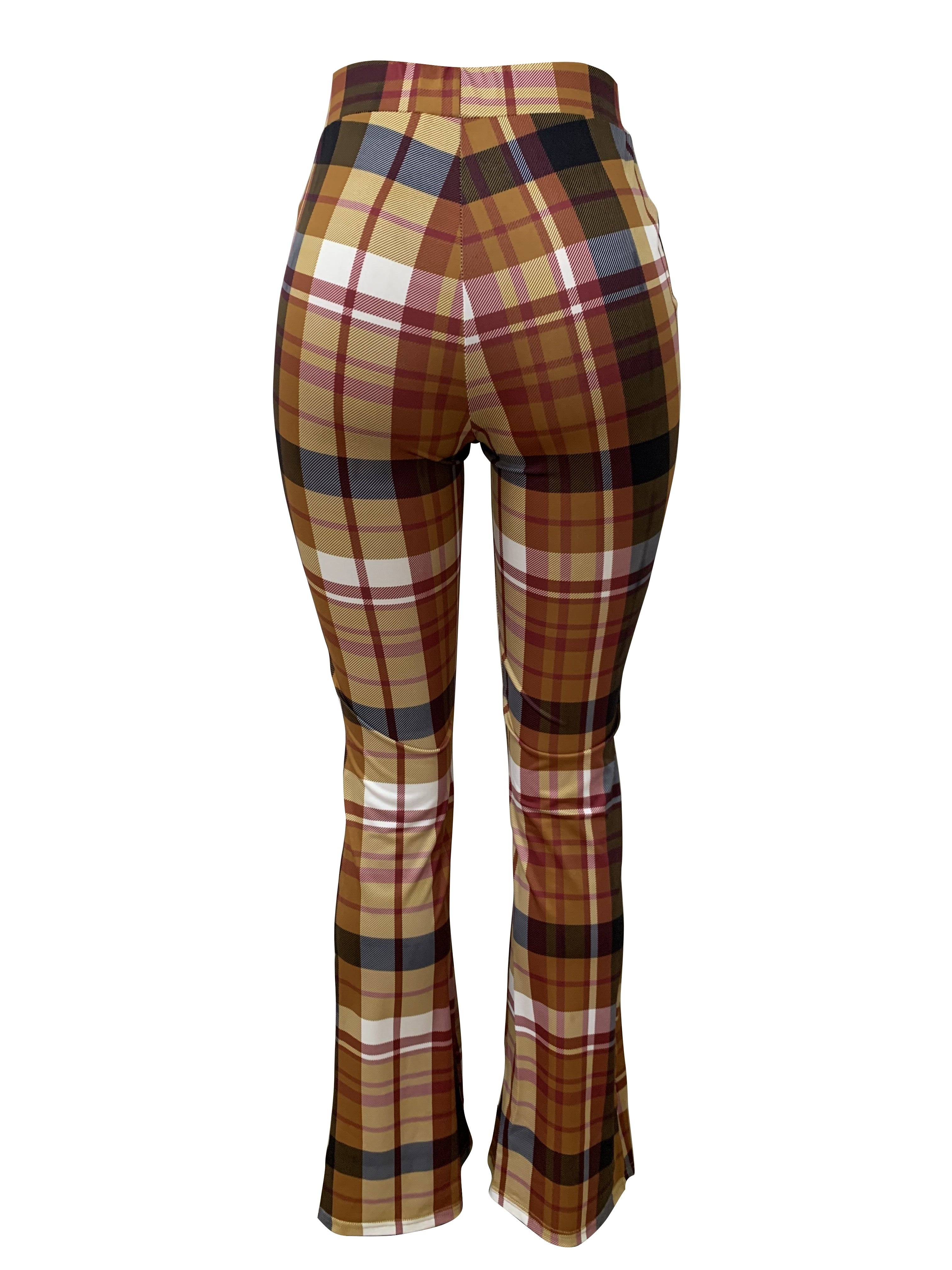 Women's Plaid Print Flared Leg Pants - Casual High Stretch Bodycon Street Wear Pants - For Women - Suitable for Casual Wear - Perfect Gift for Fashionable Women