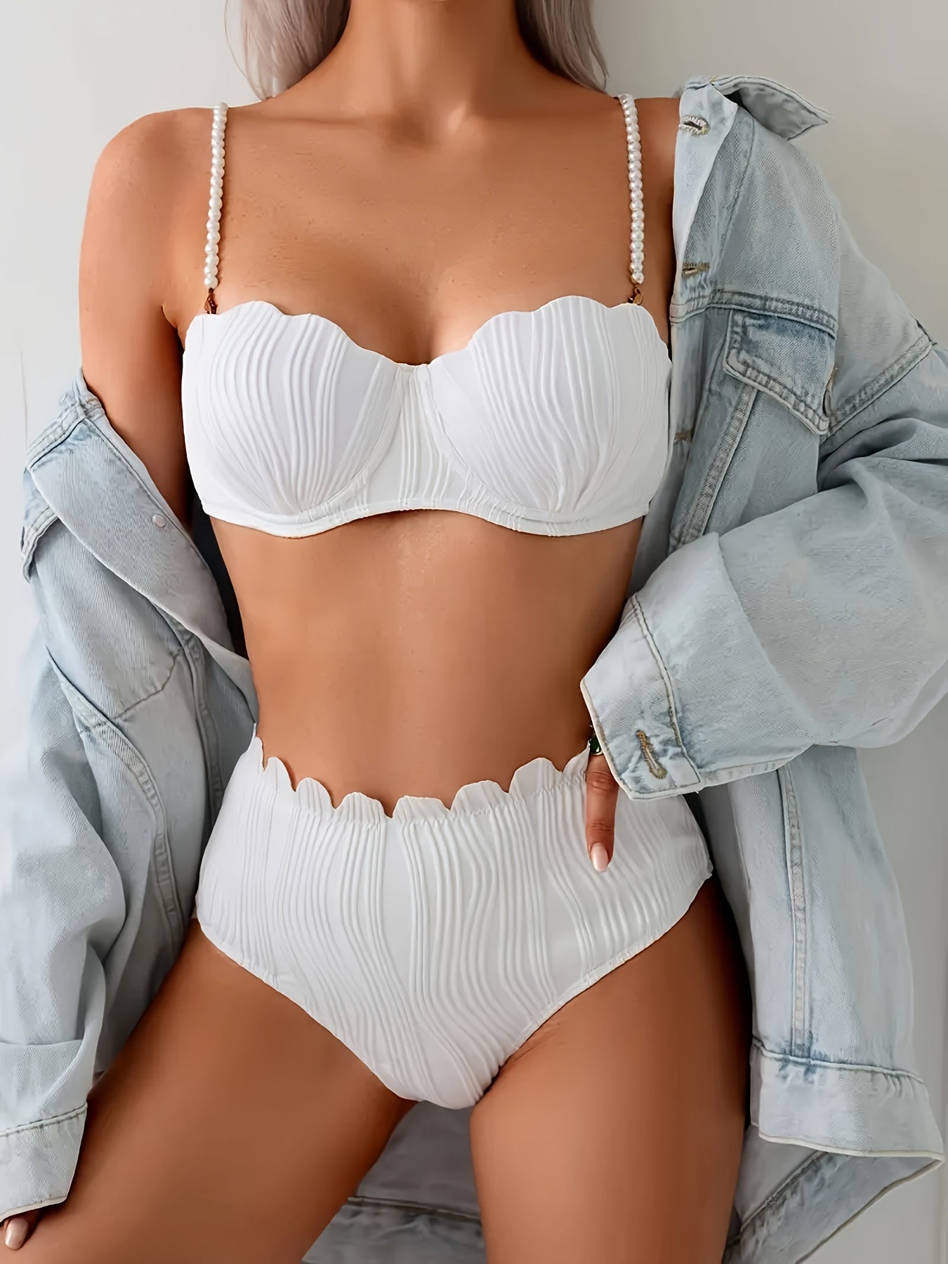 Elegant Off-Shoulder Two-Piece Bikini Set for Women - High-Waist, Backless, Stretchy Swimsuit with Ruched Detail, Dark Blue, Perfect for Poolside & Beach Wear, Beach Swimsuit|Ruched Detail Swimsuit|Stretchy Fabric
