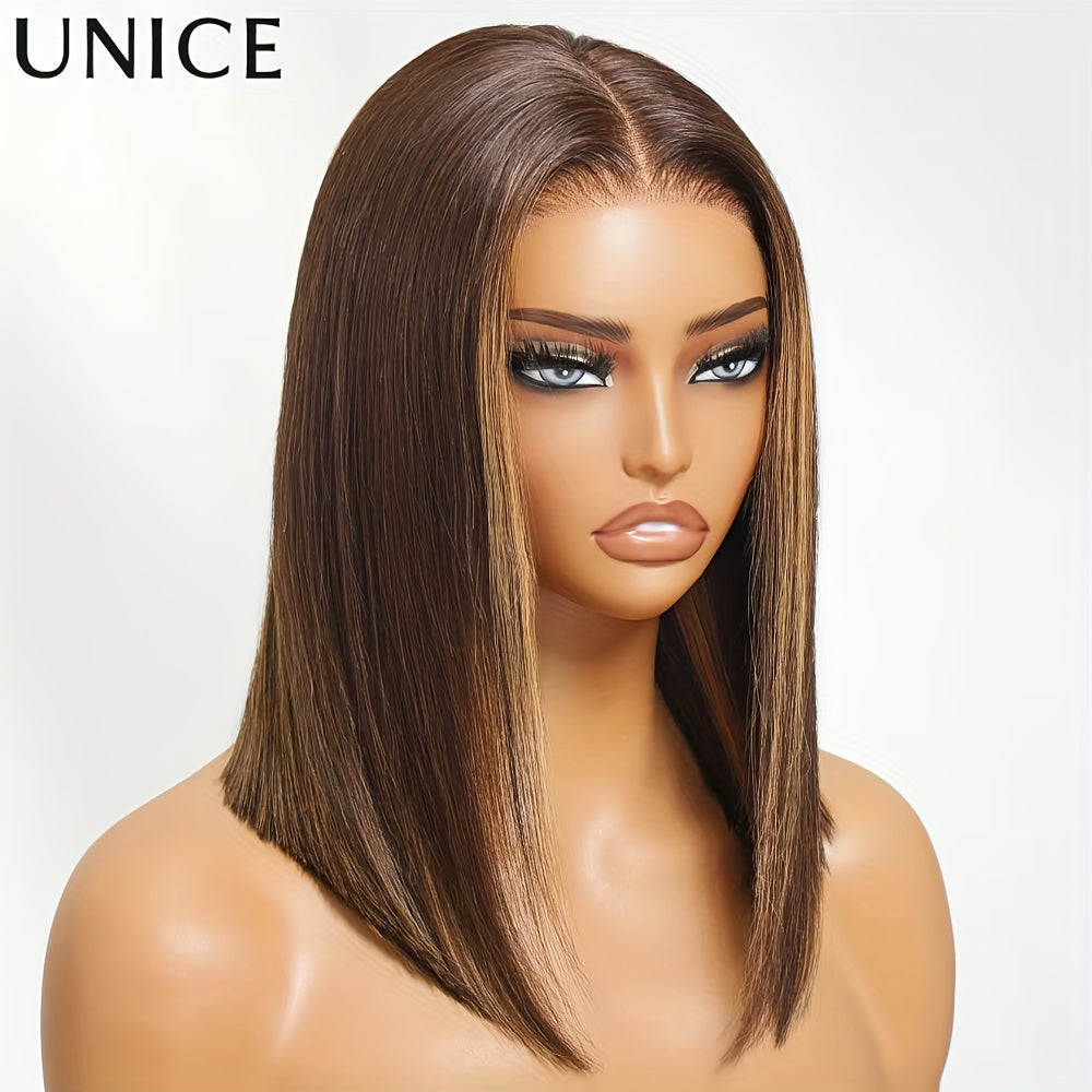Unice Espresso Brown Straight Bob Wig with Highlights, 7x5 Lace Front, Pre-Cut Pre-Bleached, Glueless Human Hair, 150% Density, Ready to Wea