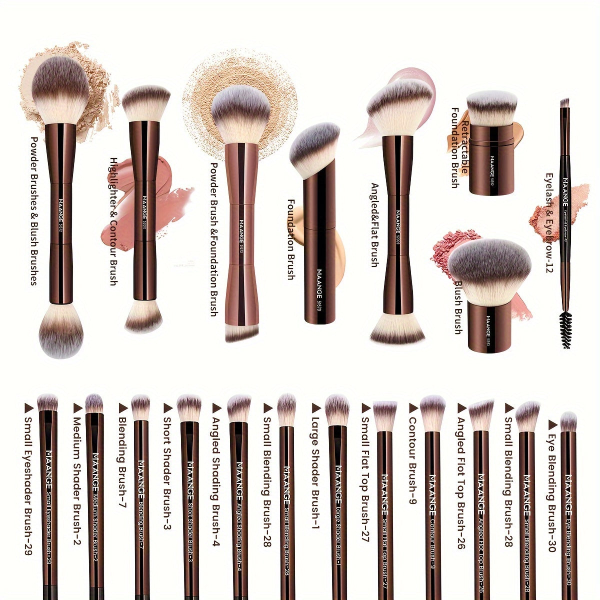 MAANGE 21-Piece Professional Makeup Brush Set, Includes 20 Aluminum Tube Brushes with Velvet Bag, Foundation, Contour, Powder, Blush, Eyeshadow, Eyelash, Browsing Brushes, Travel-Friendly, Unfragranced, Nylon Bristles, Metal
