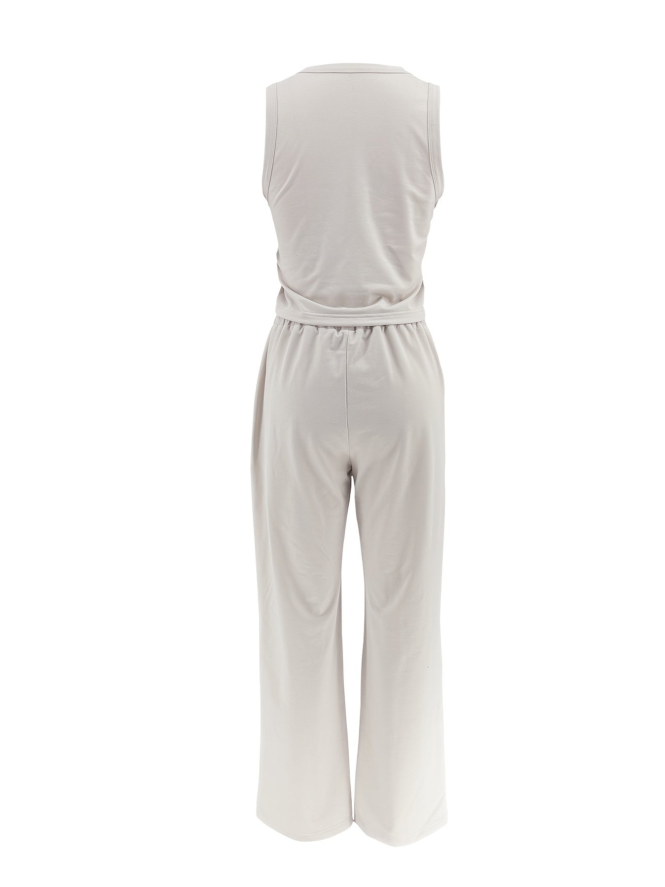 Women'S Beige Sleeveless Tank Top & Wide-Leg Pants Set - Casual Vacation Style, Polyester Blend, Drawstring Waist, Casual Attire|Sleeveless Top|Polyester Blend