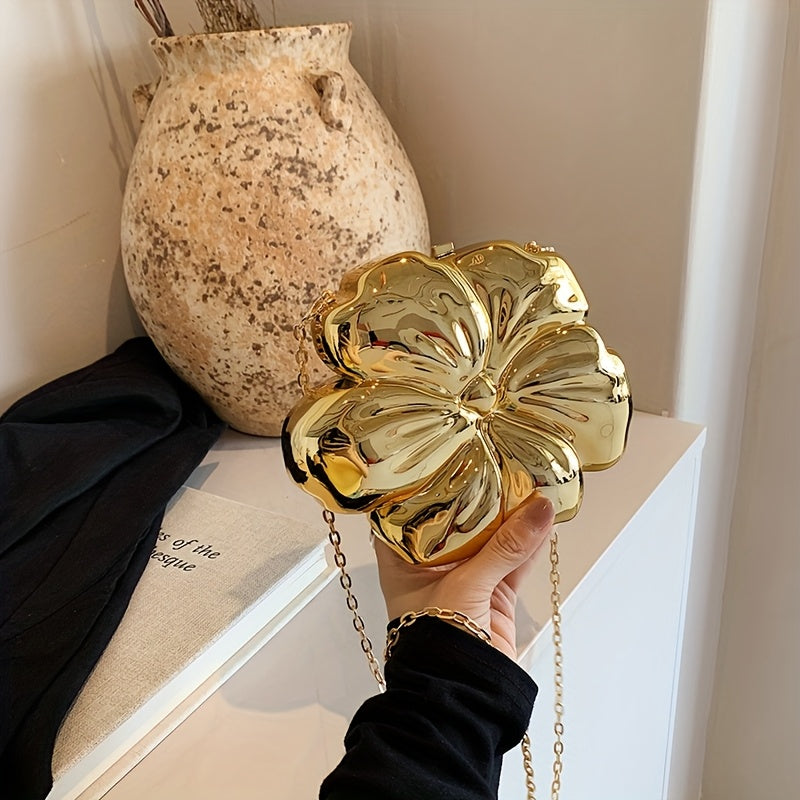 Y2K-Inspired Minimalist Golden Acrylic Crossbody Bag with Detachable Chain Strap – Stylish Flower Design for Women, Magnetic Closure, Perfect for Casual or Evening Outfits
