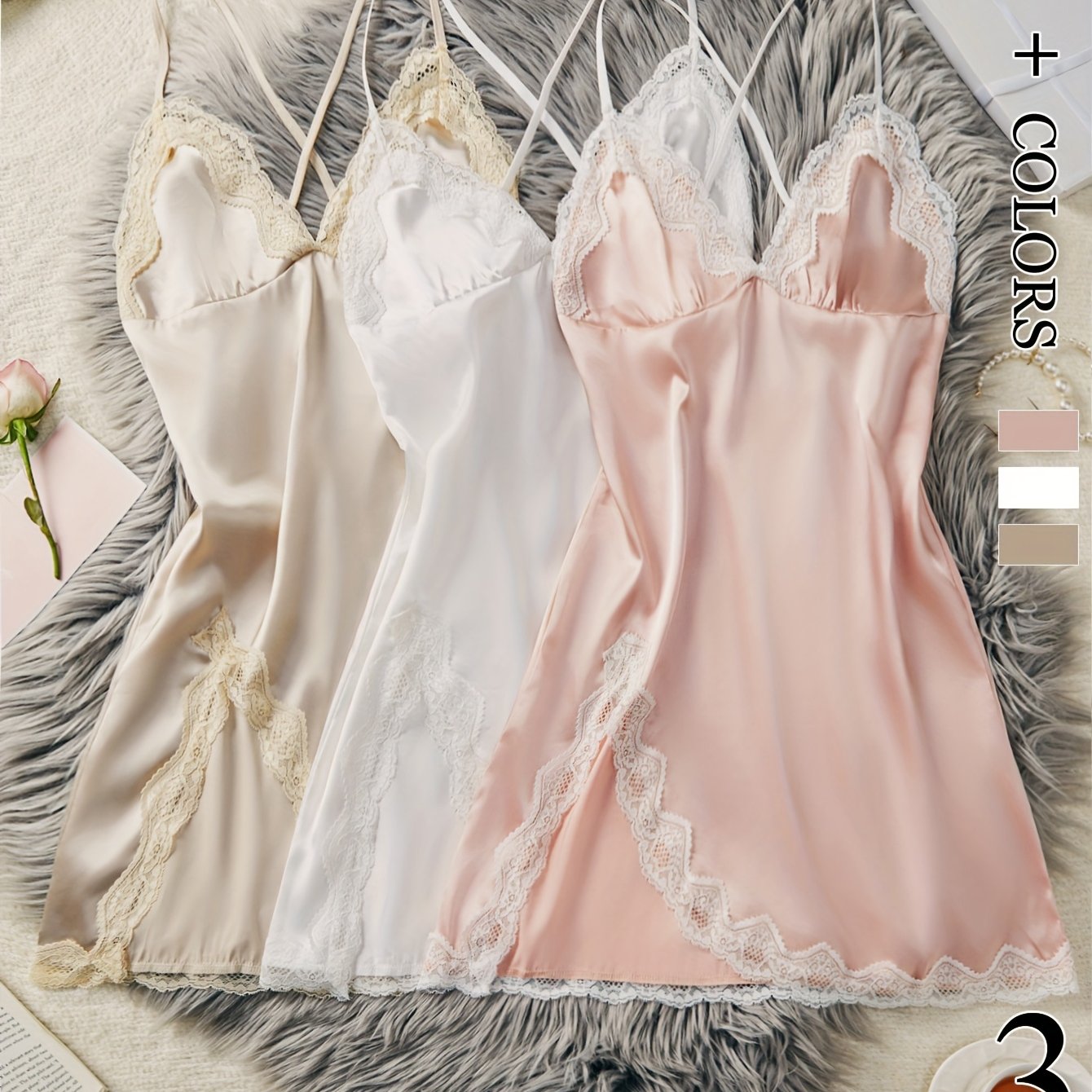 Elegant 3pcs Lace Trim Pajama Set for Women - V-Neck, Backless Slip Dresses with Side Split, Soft Polyester & Elastane Blend, Perfect for All Seasons