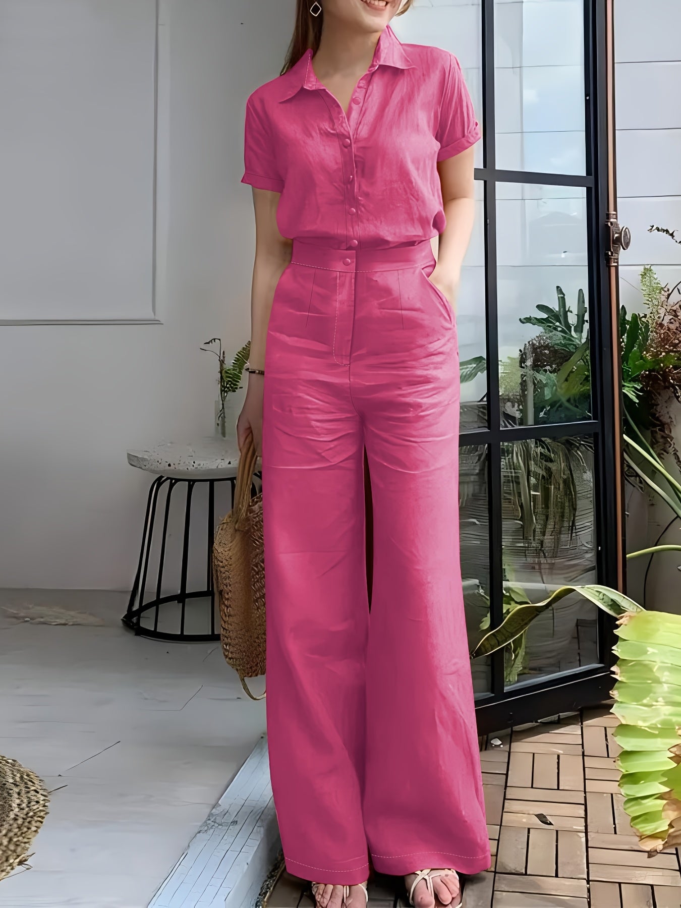 Women'S Solid Color Short Sleeve Shirt and Long Pants Elegant Two-Piece Set