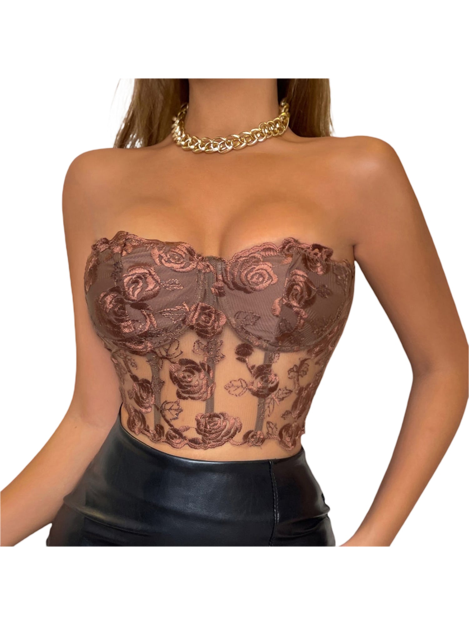 Women'S Bust Tube Tops, Embroidered Flowers Seen Through The Shoulders And Hearts of Everyday Club Parties.