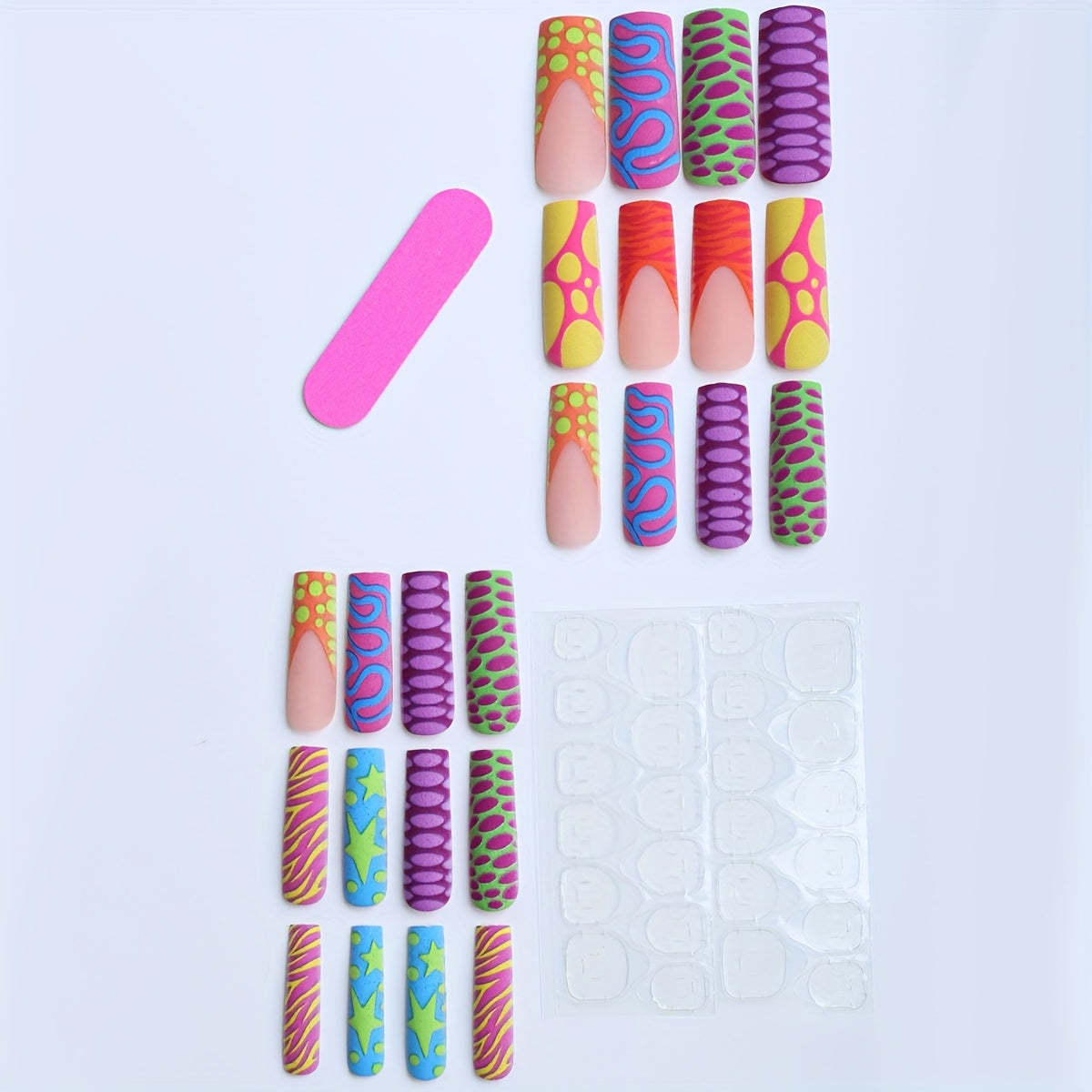 24pcs of Long Press on Nails Y2K Summer Macaron Funny Colorful Graffiti Design 3D Purple Relief Three-Dimensional Crocodile Pattern Cool Hot Girl Summer Green Five-Pointed Star Advanced Matte French Fake Nails with Jelly Glue