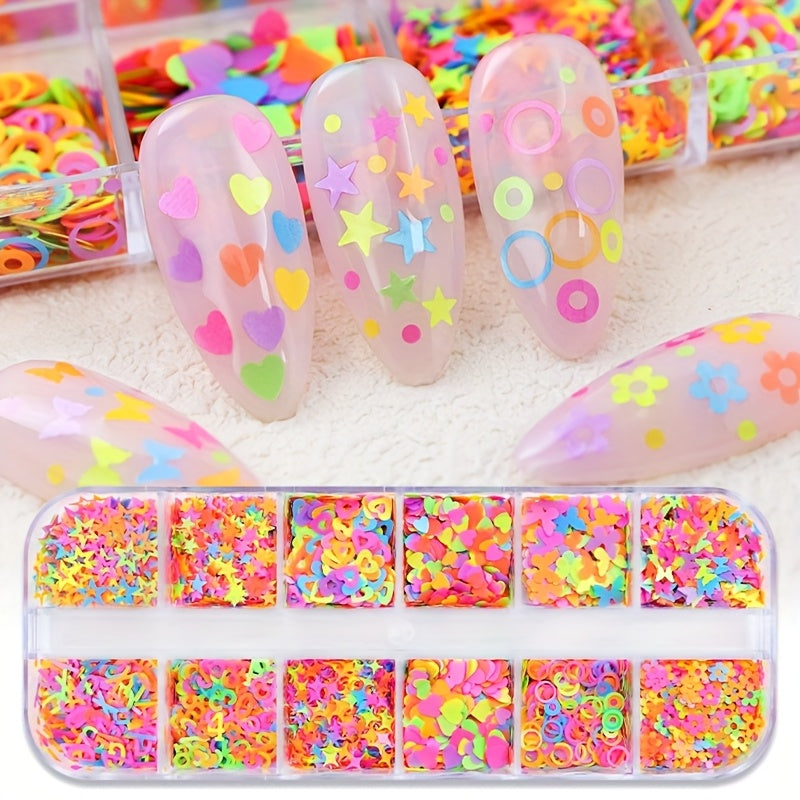 12 Types of Fluorescent Colored Glitter in Butterfly, Star, Heart, And Number Shapes for Spring Nail Decoration.