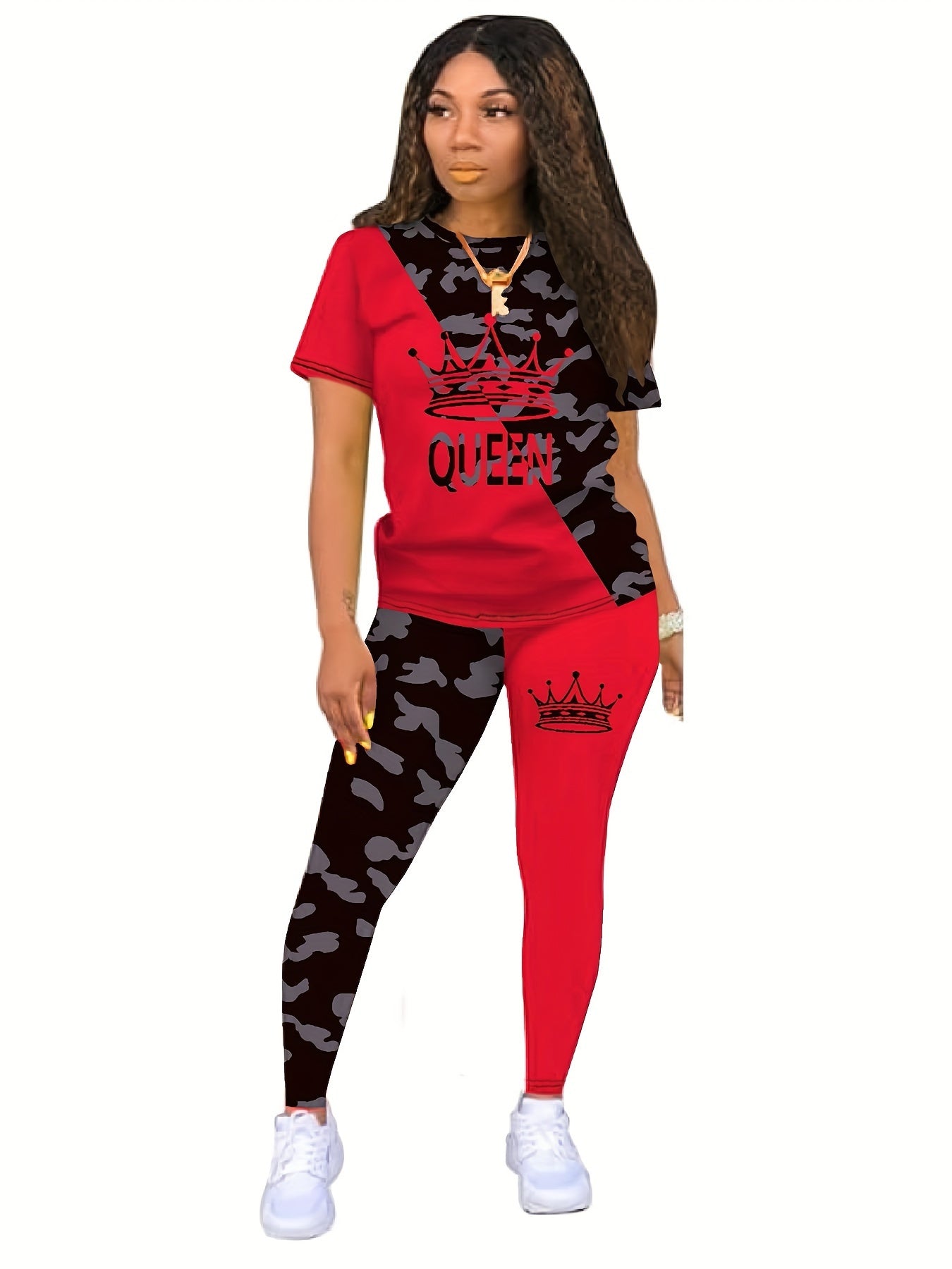 Color Matching Queen Positioning Print Spring and Summer New Casual Two-piece Set for Women