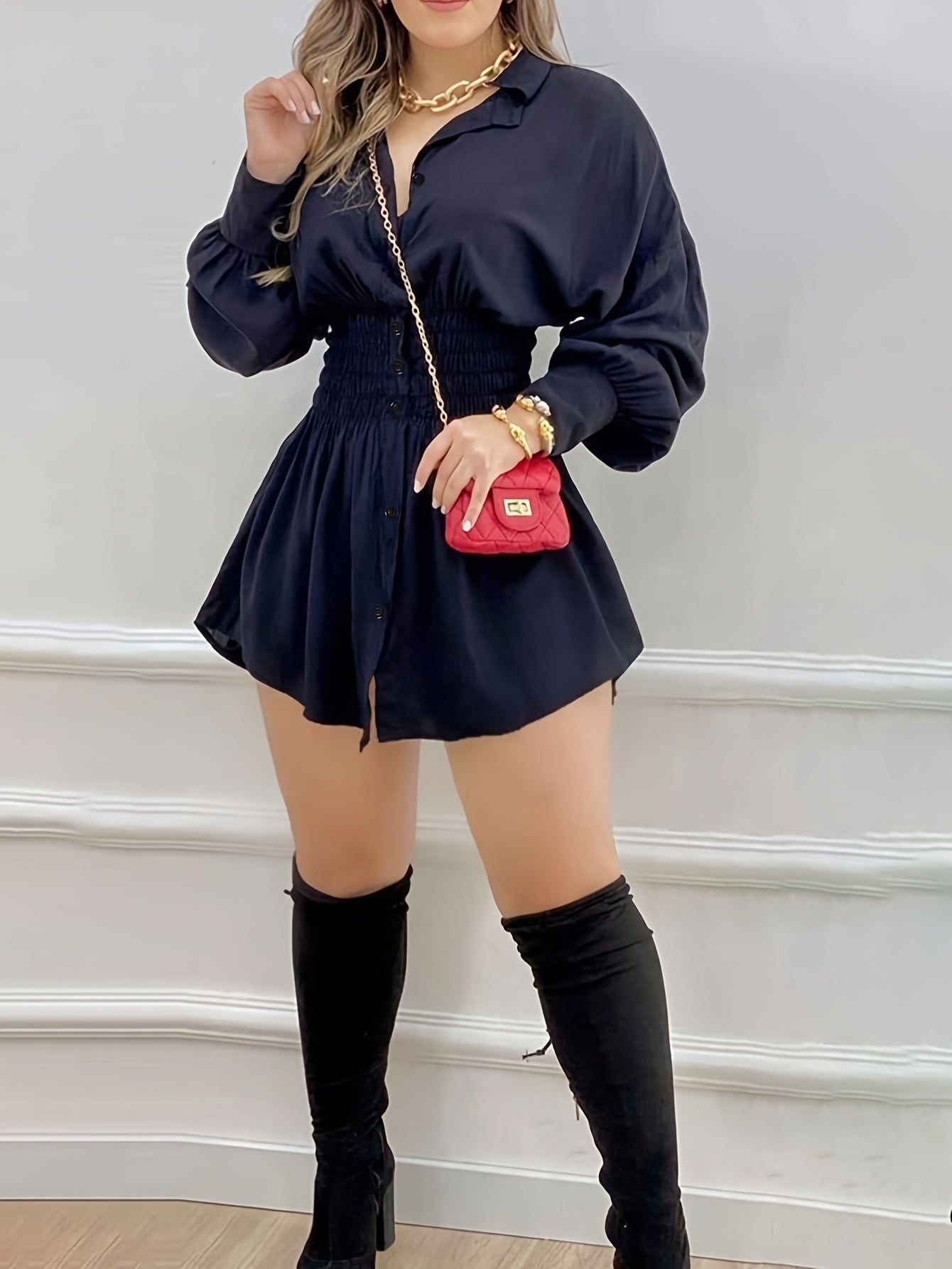 Women's Chic Navy Blue Long Sleeve Shirt Dress with Letter Print - Casual Polyester, Button-Up Collared Design, Machine Washable - Perfect for Spring/Summer/Fall, Seasonal Fashion|Collared Attire|Woven Textile