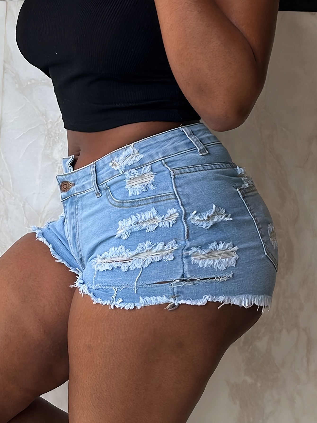 Women's Mid-Rise Ripped Denim Shorts with Frayed Hem, Distressed Detailing & Built-in Zipper Pockets - Casual Summer Straight Leg Jean Shorts in Blue, Summer Casual Wear | Trendy Ripped Shorts | Durable Denim